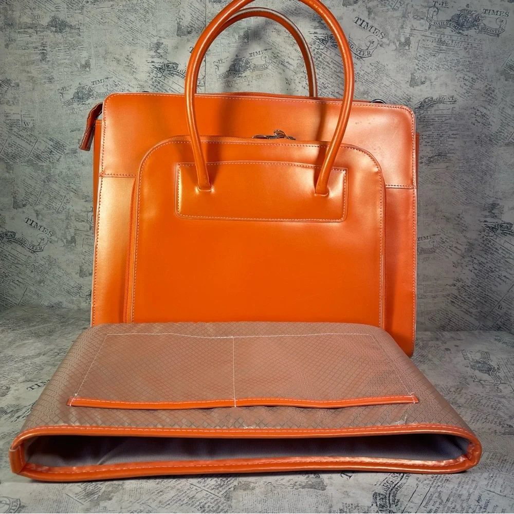 Structured Orange Leather Laptop Tote Bag with Double Handles
